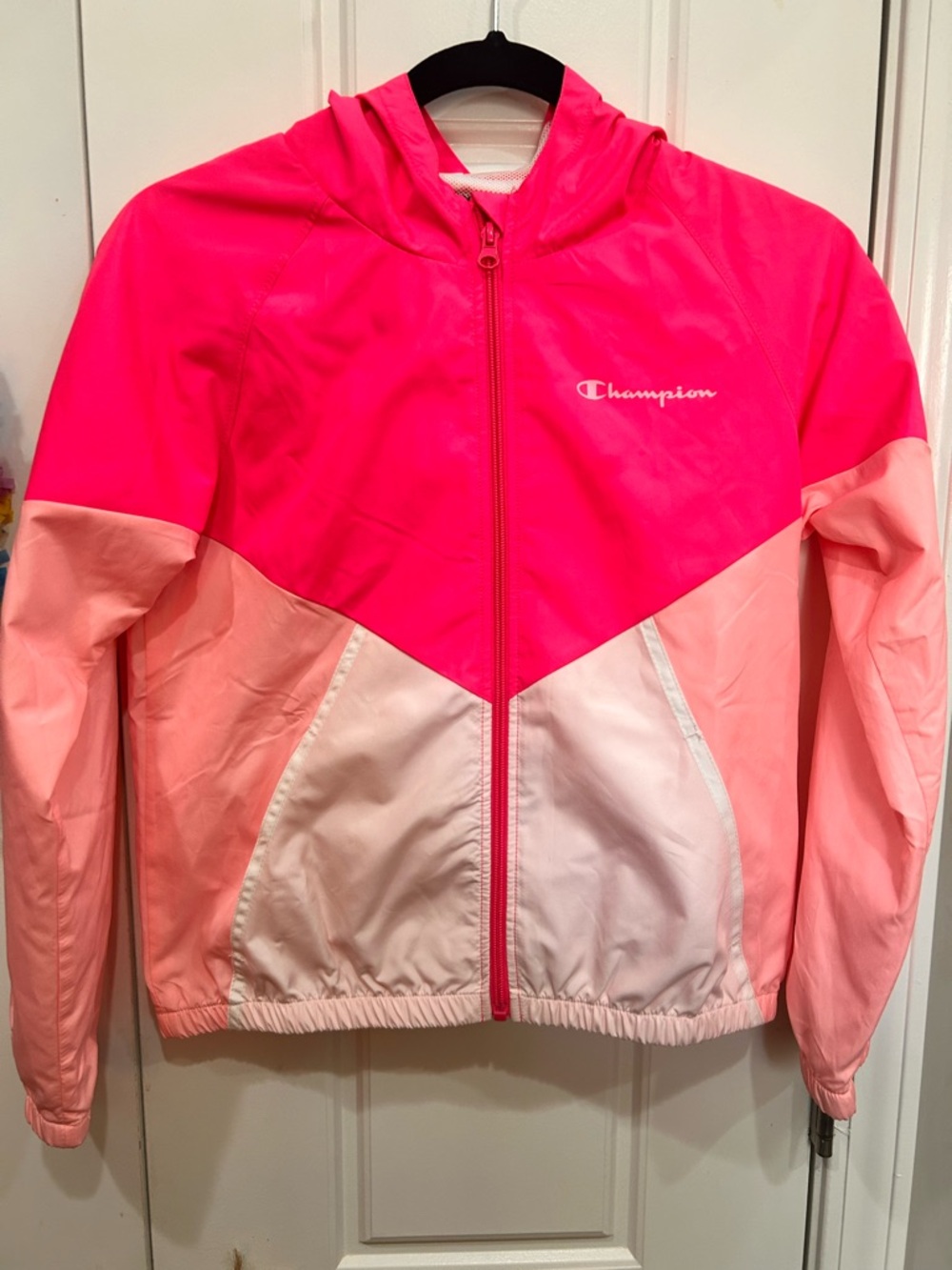 Champion Girls Size Large Pink Colorblock Hooded Windbreaker Jacket